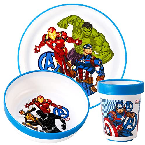 Avengers 3pcs Reusable Bicolor Premium Kids Dinner Tableware Set Plate, Bowl & Tumbler, BPA Free