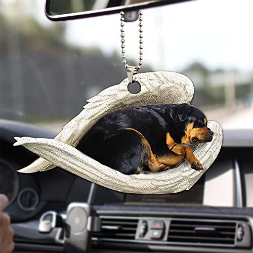 Talataca Rottweiler Metzgerhund Schlafender Engelsflügel Hund Rottie Welpe 2D Flach Auto Rückspiegel Zubehör Weihnachtsbaum Ornament Dekoration Hängender Charm Innen Rückansicht Anhänger Dekor