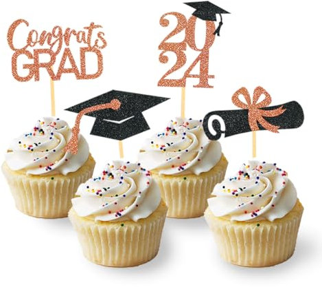 24 Stück Glitzer 2025 Graduation Cupcake Toppers, Abschlussfeier Cupcake toppers, Bachelor Hut Deko, Abschluss Deko für Graduation Abschlussparty Dekoration (schwarz & orange)