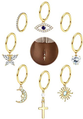 Kakonia 8 Stück 14G Bauchnabelpiercing Ring für Damen Dangly Gold Piercing Bauchnabel Lang Kurze 8 10 12mm CZ Nabelpiercing Schmuck Belly Button Hoop Hinged Clicker Navel Bar Schmuck Damen