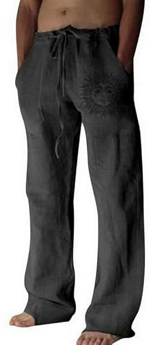 Litthing Mens Linen Trousers Cotton Jogging Bottoms Casual Summer Pants with Pockets Loose Fit Drawstring Trouser Comfortable Lightweight Pant