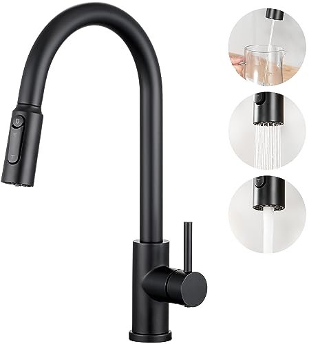 CREA 3 Wege Küchenarmatur mit Ausziehbarer Brause, 360° Drehbar 3 Wege Wasserhahn Küche, 3 Wege Mischbatterie Küche, Drei Wege Armatur, Matt Schwarz