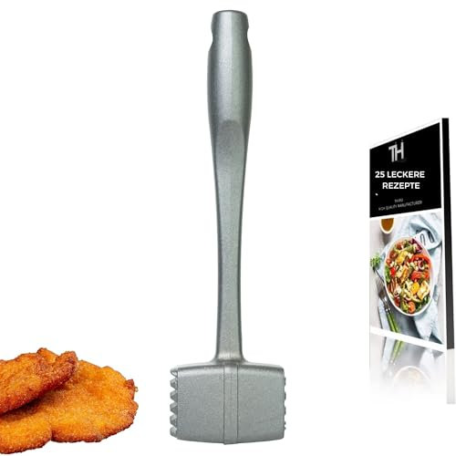 Thiru Batticarne Premium – Martello per cotolette, braciole, Bistecca – Testa del Martello con Due superfici – Delicato sulla Carne – con e-Book con 25 Ricette – Made in Germany
