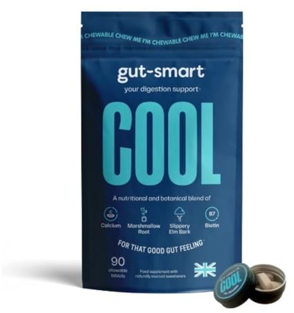 Gut–Smart Cool, 90 x Chewable Tablets, Fast Digestion Support, Natural Supplements for Healthy Digestion, Contains Slippery Elm, Marshmallow Root, Calcium and Biotin, Pocket TIN Included