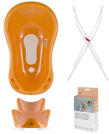 Hylat Baby Set: Baby Badewanne mit Thermometer, Ständer & Stöpsel, Badewannensitz, Ablaufschlauch - stabil und bequem - für Neugeborene und Babys