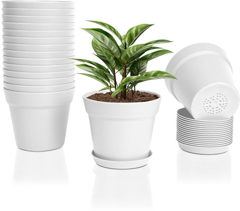 FORAGIFT 15cm Plant Pots, 16 Pack Plastic Herb Pot with Drainage Hole and Tray, Seed Seedling Pots Flower Nursery Pots for Vegetables, Flowers, Cactus, Cuttings, Succulent, White