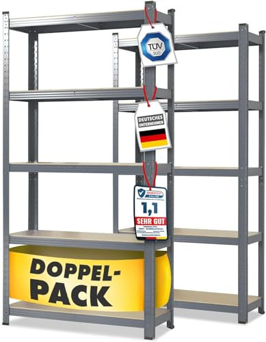 KARAT – Lot de 2 étagères Robustes Lakota pour Charges Lourdes – Étagères enfichables avec 5 tablettes réglables – Rayonnages en métal Idéal pour Cave Garage Entrepôt – Gris, 200 x 100 x 50 cm