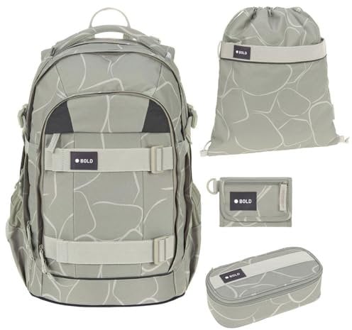 Lässig Bold Origin Schulrucksack-Set 4tlg mit Schlamperbox, Turnbeutel und Geldbeutel (Curve Sage)