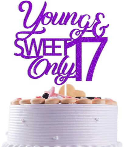 Party-Dekoration für Mädchen und Jungen, 17 Jahre alt, 17 Jahre, Jahrestag, Party-Dekorationen, Young & Sweet Only 17, Kuchendekoration, violetter Glitzer