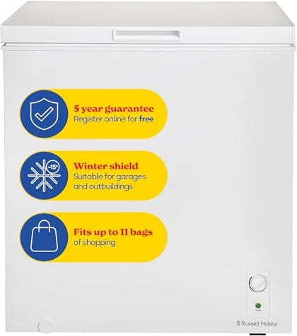 Russell Hobbs White Chest Freezer 198L Freestanding with 5 Year Warranty, Adjustable Thermostat, Chill or Freeze Function, 4 Star Freezer Rating & Suitable for Outbuildings & Garages RH198CF0E1W