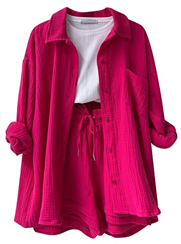 Bsotalines Zweiteiler Damen, Musselin Set Damen Sommer Musselin Lange Ärmel Bluse Hemd und Kordelzug Shorts Set Leichte Freizeitanzug 2 Teiler Strand Outfit Set Elegante Musselin Leinen Set Damen
