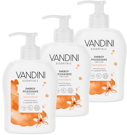 VANDINI 3x Energy Flüssigseife Spender mit Orangenblüte Duft 300ml - Made in Germany Spender Seife vegan - Handseife flüssig reinigt sanft - Handwaschseife für gepflegte Hände - Hand soap