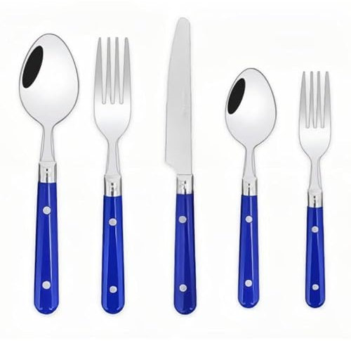 Royal Shang Youpin Two Nail Plastic Handle Kitchen Stainless Steel Silverware Tableware Flatware Cutlery Set Steak Knife Fork Spoon Teaspoon (Blue,5 pieces)