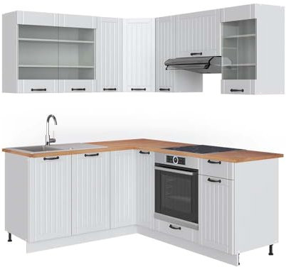 Vicco Eckküche Fame-Line, Küchenzeile in L-Form, Weiß Landhaus/Weiß, 160 x 190 cm, AP Eiche