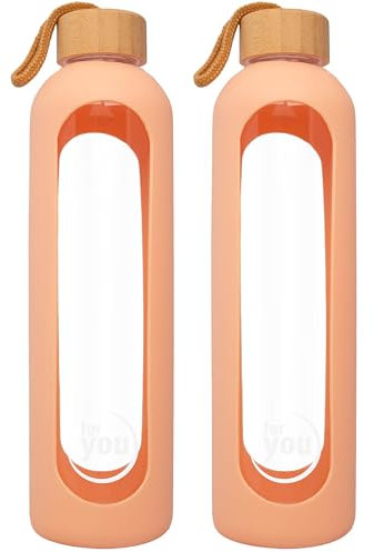 for you Nachhaltige Trinkflasche | 1000ml aus Glas mit Silikonhülle & spülmaschinenfest | 1Liter Auslaufsichere Wasserflasche mit Bambusdeckel | geeignet von -20°C – 150°C (Doppelpack Peach Fuzz)