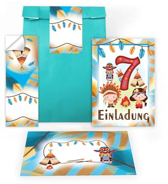 12 Einladungskarten zum 7. Kindergeburtstag Party Einladung Set Geburtstag Mädchen Kinder Jungs Jungen Boys Geschenktüte inkl. 12 Umschläge, 12 Tüten, 12 Aufkleber Indianer Indianerdorf Tipi Powwow
