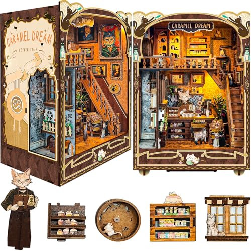 BuzzoXerex DIY Miniature House, DIY Book Nook Kit mit Staubschutzhaube, Miniatur Haus mit LED-Leuchten, 3D Puzzles Holz für Bücherregal Deko und Kreativen Geschenken (Klassisch)