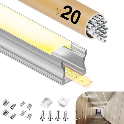GEEKLUX Aluminiumprofile für LED-Streifen, 2 m x 20 cm (insgesamt 40 m), zum Einbauen, Led-Kanäle in U-Form, max. 12 mm, Abdeckung, Cremeweiß, Diffusor, LED, Metallbefestigung – 2000 x 26,7 x 10 mm