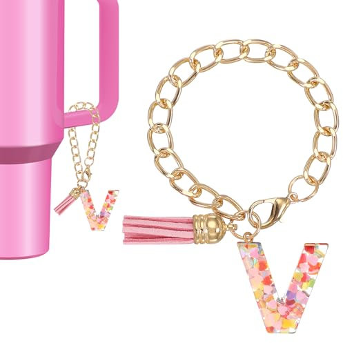 PATIKIL Letter Charm for Stanley Tumbler Cup, Cute Initial V Charm Accessories for Stanley Tumbler Handle Keychain Personalized Charm for Women, Pink