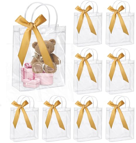 8 Stück durchsichtige Geschenktüten mit Henkel, 23× 17× 7cm kleine Partytüten mit Schleifen, transparente Geschenktüten für Hochzeit, Geburtstag(Gold Schleifen)