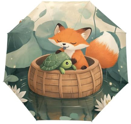 GAIREG Regenschirm mit orangefarbenem Fuchs und grüner Schildkröte, winddicht, kompakt, automatisches Öffnen, Schließen, faltbarer Regenschirm für Damen und Herren