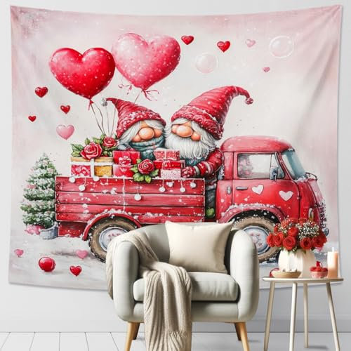 Wichtel Liebe Herz Tapisserie Valentinstag Dekorativer Wandbehang Niedliche Zwerge und LKW Saisonale Ästhetik für Wohnzimmer, Schlafzimmer, Party 152,4 x 127,7 cm