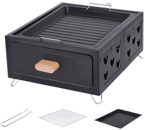 OHAANYY Portable Charcoal Grill, Camping Stove with Drawer Mounted Charcoal Shelf, Mini Grill, Table Grill for Barbecues, Picnics and Tea Preparation (Black)