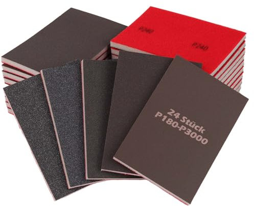 Schleifschwämm 24 Stück, Weiches Flexibles Nass-Trocken-Schleifpapier (P180-P3000), Hand Schleifblock, Schleifschwämme für Holz, Metall, Trockenbau, Farbe, Autokarosseriereparatur