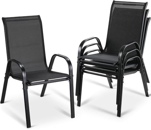 LIFERUN Gartenstühle Stapelstuhl Camping Stapelbar Hochlehner Terrassenstuhl Textilene Stahlgestell für Gärten Innenhöfe Balkone Restaurants 150 kg Belastbar 54 x 69 x 93cm (4pcs, Schwarz)