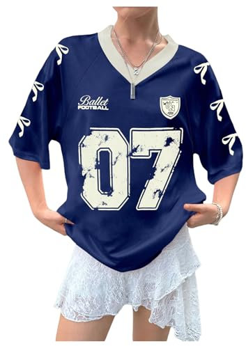 GORGLITTER Women's Letter Graphic Bow Print T Shirts V Neck Half Sleeve Oversized Jersey Shirts Blue Small