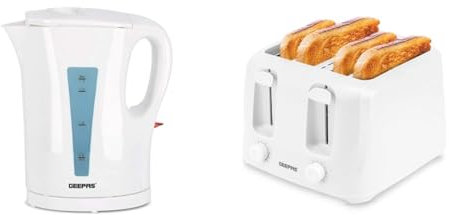 Geepas Cordless Electric Kettle & 4 Slice Bread Toaster Kitchen Combo Set | 1.7L 2200W Fast Boil Kettle |1400W Fast Toaster with 6 Level Browning Control | 2 Year Warranty, White
