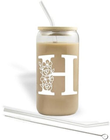 Bliceon Tazas de cristal personalizadas con inicial de la A a la Z, regalos de cumpleaños y Navidad para mujeres, para mamá, amigos y hermanas, taza de café helado con tapas y pajitas