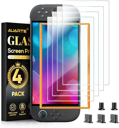 Auarte Pellicola protettiva per Nintendo Switch 2, confezione da 4 pellicole protettive in vetro temperato con telaio di allineamento, antigraffio, durezza 9H, chiarezza HD, senza bolle