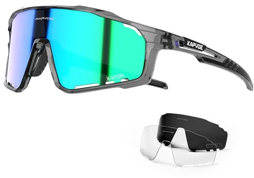 KAPVOE Fahrradbrille 3 Wechselgläser Herren Damen K76 | 3 Gläser: PC Tag, Schwarz polarisiert, Klar wenig Licht; UV400, 3-stufiges Nasenpad