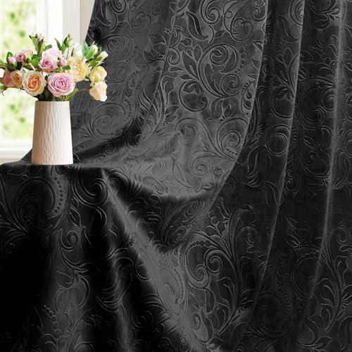BTTO 2er Set Samtvorhang Kräuselband, Luxus Samt Verdunklungsvorhänge mit Blumenprägung Muster, Blickdicht Gardinen für Schienen, Vielseitig für Wohnzimmer, Schlafzimmer(H274xB132CM, Schwarz)