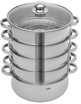 5-Tier Stainless Steel Steamer, Stackable Food Steaming Pot 5 Layer with Transparent Lid, Large Capacity Steamer for Steamer Cooking, Keeping Warm, 26cm/28cm/30cm, Silver (28cm)