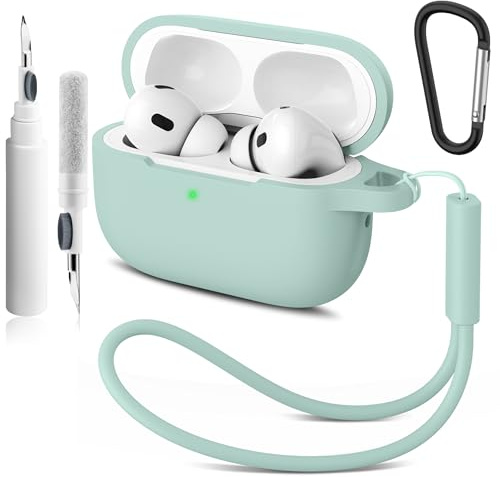 Mugust Kompatibel with Airpods Pro 1st/2nd Generation Hülle Cover with Wrist Strap, Silicone Protective Case for Apple Airpods Pro 2 Charging Case with Cleaner Pen, for Women Men (Helles Cyan)