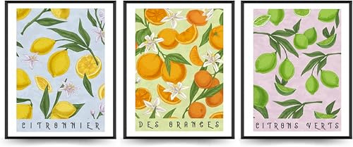 Linilioart Set mit 3 Zitronen-Wandkunst, Dekor, Obstmarkt-Drucke, Poster, bunte Zitrone, Leinwandbilder für Zimmer, Schlafzimmer, ungerahmt (30 x 40 cm)