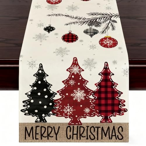 Christmas Table Runner Decoration with Red-Black Checkered Christmas Tree Design, Table Decor for Dining Room, Living Room, and Kitchen, Winter Indoor Decorations 183x33 cm