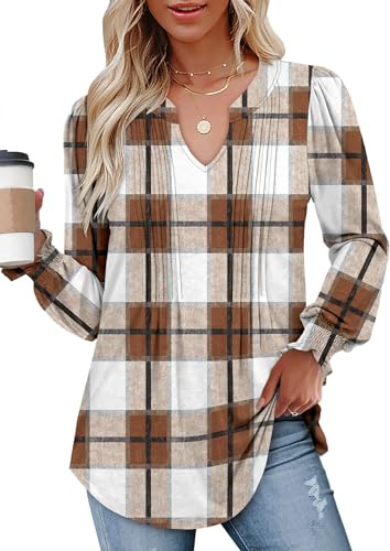 CHICZONE Womens Tunic Tops Puff Long Sleeve T-Shirt Pleated V Neck Blouse Shirts S-XXL
