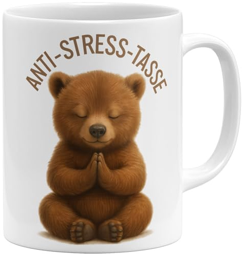 OM3® Bärchen Anti-Stress Kaffee-Tasse - Süße Bär Keramiktasse mit Namaste Motiv - Keramik Becher - 325ml - Beidseitig Bedruckt - Weiss