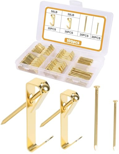 100PCS Heavy Duty Picture Hooks for Plasterboard Hard Walls (20 Sets 50lbs + 30 Sets 30lbs), Picture Hanging Kit, Picture Rail Frame Hooks Hangers