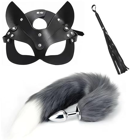 Fuchs-Schwanz Plug Set mit Maske & Mini Peitsche – Metall Plug mit Plüsch-Schwanz, Tiermaske & Kunstleder Mini Peitsche, Cosplay & Rollenspiel Zubehör