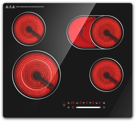 Borrallio Piano Cottura Elettrico 60cm Da Incasso, Fornello Elettrico 4 Zone 6700W Con Controllo Slider Touch, 9 Livelli Di Potenza, Timer 1–99 Min, Pausa, Blocco Bambini, Piastra Elettrica
