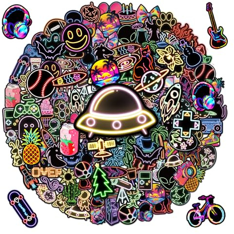 G2PLUS Neon Aufkleber für Jugendliche: 100 Stück Wasserfestes | Vinyl Sticker Set Teenager, coole Neon Sticker für DIY, Wasserflasche, Handy, Laptop, Skateboard, Koffer, Fahrrad und Helm