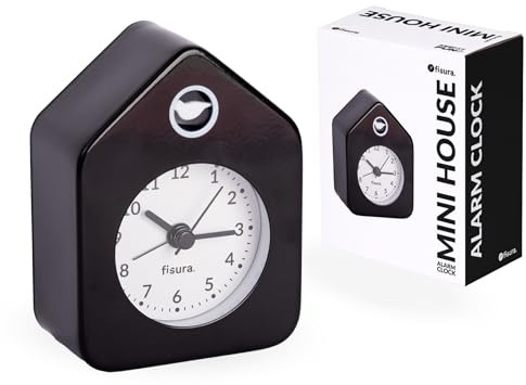 Fisura – Analoger Mini-Wecker im Haus-Design Schwarz-Weiß, Geräuschlos ohne Ticken. Kleiner Tischwecker mit Alarm. 9,7 x 7,3 x 4,5 cm. Batteriebetrieben (1x AA)