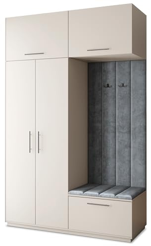Masseno Flugarderoben Set Rema, Kleiderschrank-Set mit Sitzbank, Garderobenschrank Flur mit 5 Regalböden, Kaschmir