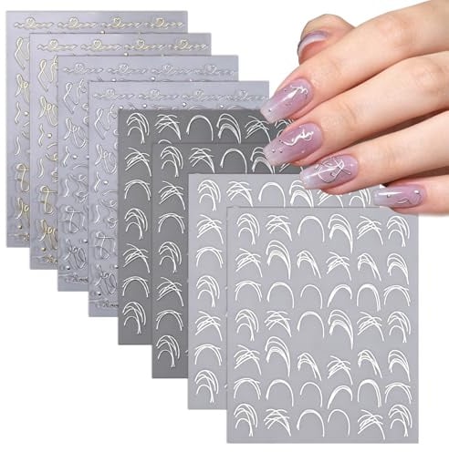 8 Blätter French Lrregulär Linien Nagel Stickers | Gold & Silber & Weiß Minimalistische Nagelsticker mit Linienmotiven | Heißprägung Metallic Nagel Aufkleber für Nageldesign