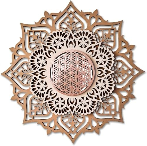 3D Mandala Wanddeko aus Holz – Mehrlagiges Wandbild mit Spiegel – Große Blume des Lebens im Boho Stil – Handgefertigte lasergeschnittene Holz Wandkunst für Wohnzimmer & Schlafzimmer (Braun)