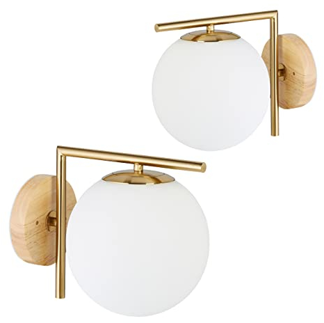 Relaxdays 2x Wandleuchte GLOBI, Metall, Glas Kugel-Schirm, modern, Design Wandlampe, H x B x T: 22 x 19,5 x 28 cm, messing matt